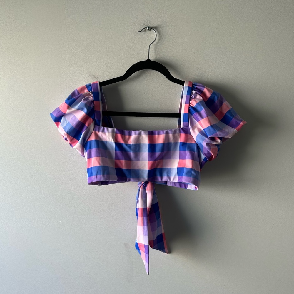 Buddy Love pink/purple/blue checked bikini top